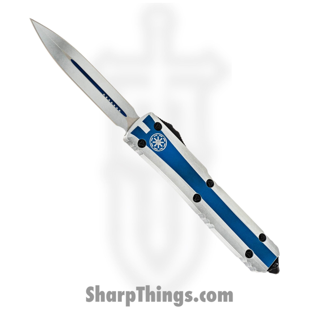 122-1CO_1. Microtech - 122-1CO - Ultratech D/E Clone Trooper - OTF Auto - M390 Cerakote Dagger - 6061-T6 Aluminum - White Blue - Image 1