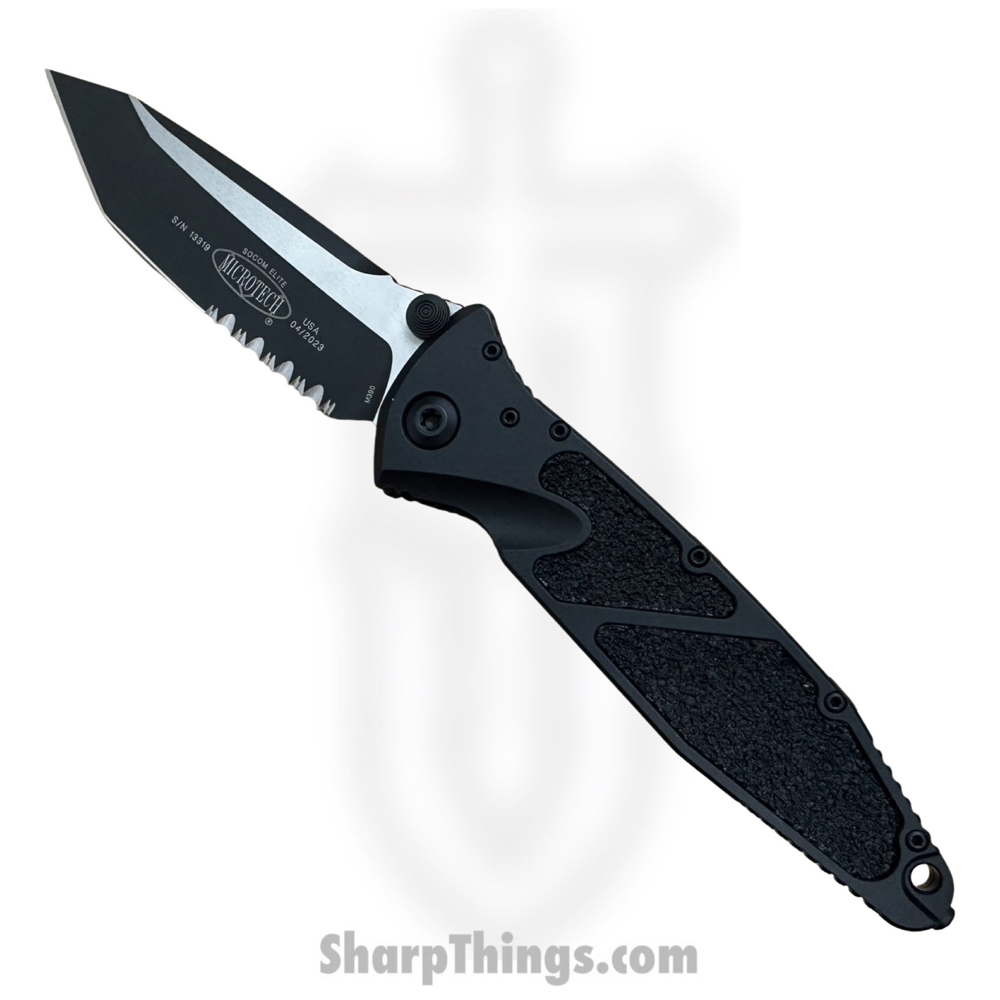 161-2T_1 Microtech - 161-2T - Socom Elite P/S - Folding Knife - Tanto - Aluminum with Textured Inserts - Black - Image 1