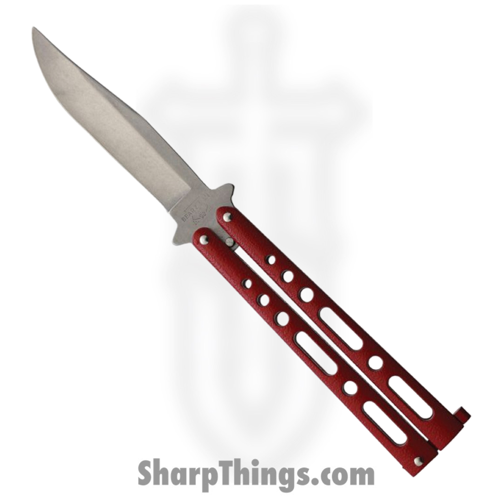 BC117RDSW_1 Bear & Son - BC117RDSW - Butterfly - Balisong - 440 SS Stonewash Clip Point - Powder Coated Zinc - Red - Image 1