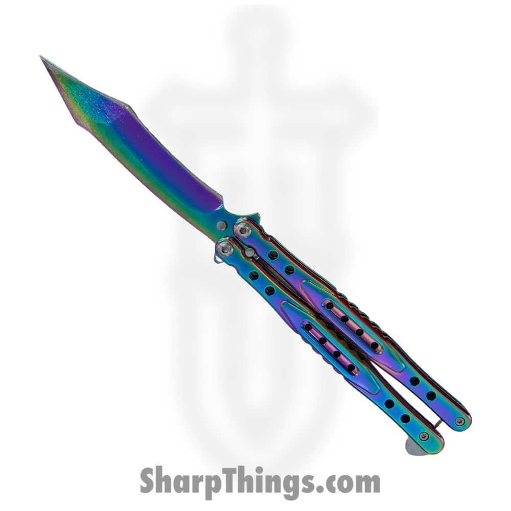 BF-203-2_1 PTC - BF-203-2 - Butterfly - Balisong - 1065 Surgical Steel Coated Reverse Tanto - Stainless - Rainbow - Image 1