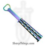 VOC - BK190 - Butterfly Knife Combo Kit - Balisong - 440 SS Coated Drop Point/Bottle Opener - Aluminum - Rainbow