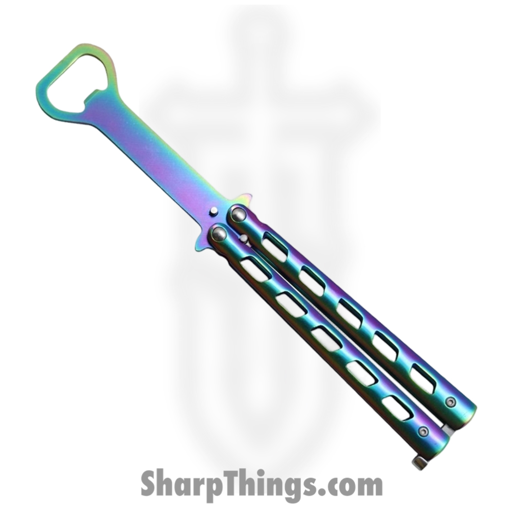 BK190_1 VOC - BK190 - Butterfly Knife Combo Kit - Balisong - 440 SS Coated Drop Point/Bottle Opener - Aluminum - Rainbow - Image 1