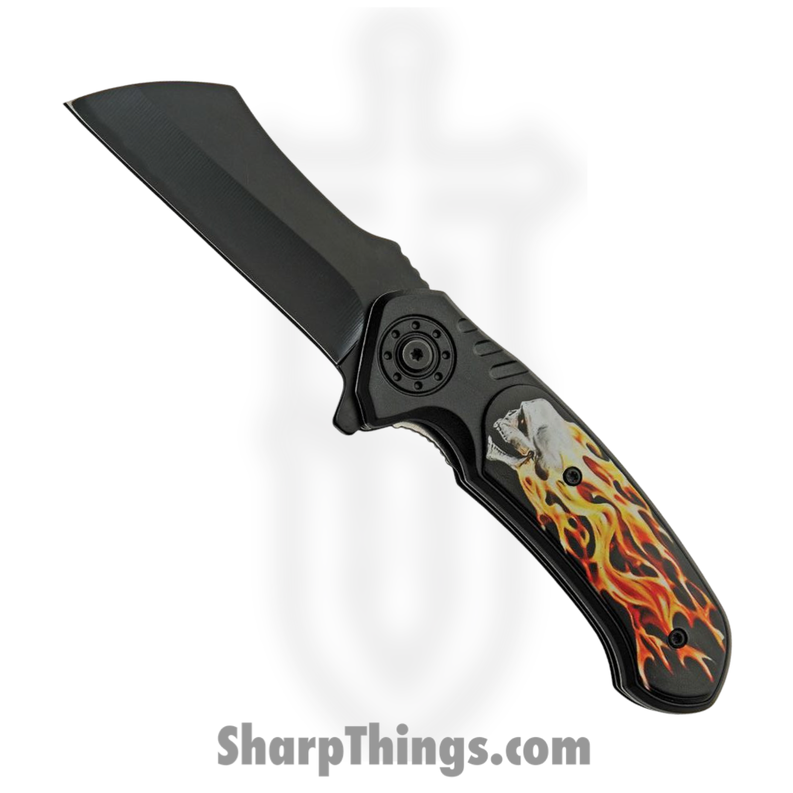 CN300554FS_1 Rite Edge - CN300554FS - Flaming Skull - Folding Knife - Stainless Coated Cleaver - ABS - Black/Orange/Red - Image 1
