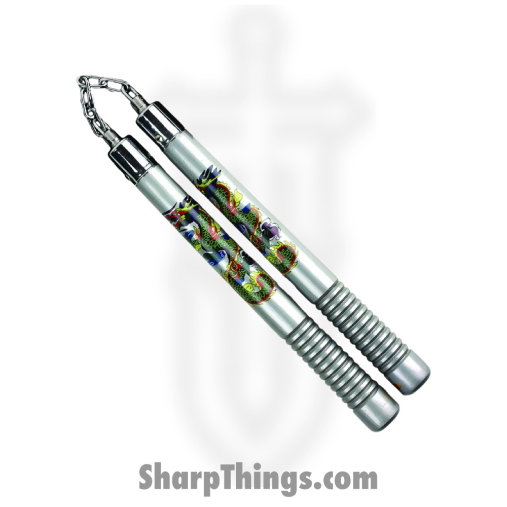 NC274_1 VOC - NC274 - 12" Dragon Nunchaku With Metal Chain Link - Wood - Silver - Image 1