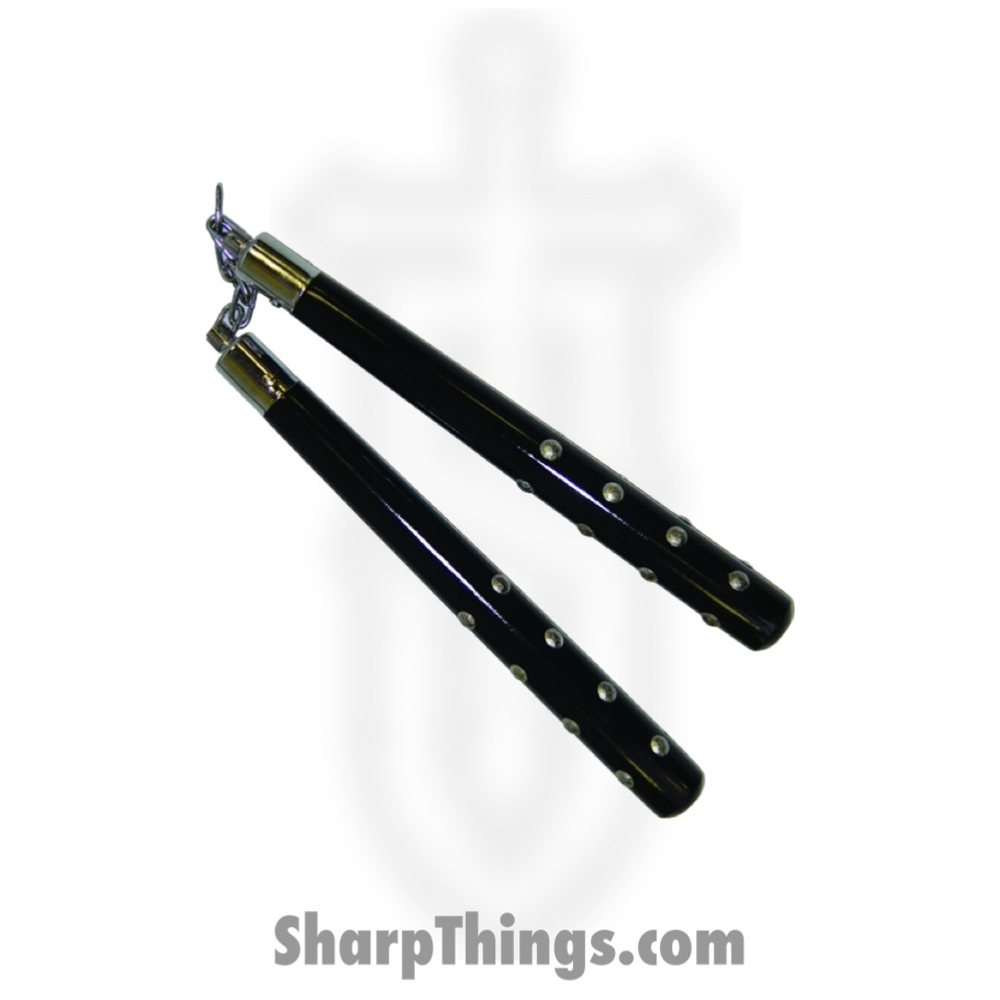 NC279_1 VOC - NC279 - 12" Studded Nunchaku With Metal Chain Link - Wood - Black - Image 1
