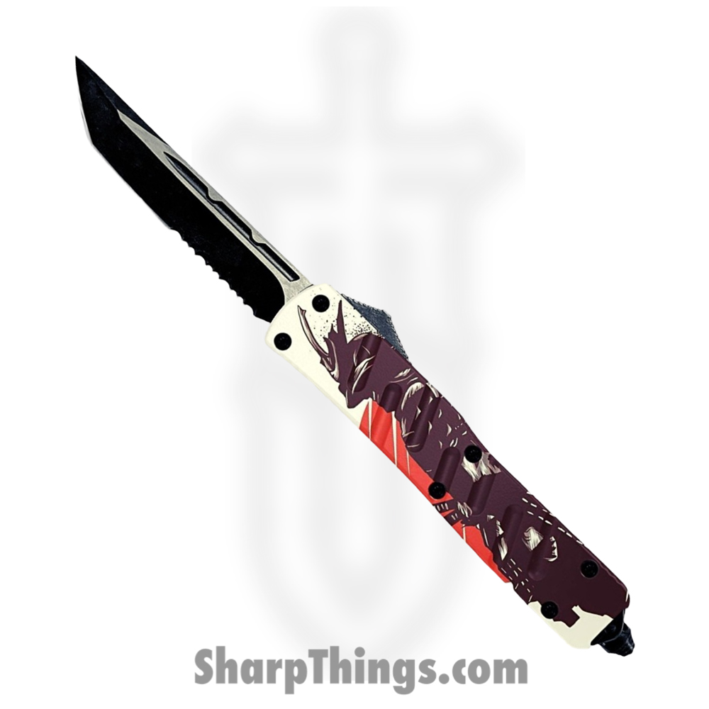 OTF404_1 VOC - OTF404 - The Last Samurai - OTF Auto - 440 SS Two Tone Tanto - Aluminum - White/Purple/Red - Image 1