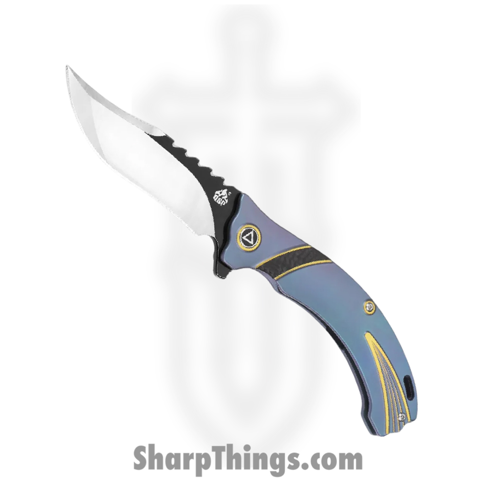 QS119A_1 QSP - QS119A - Kylin - Folding Knife - S35VN Two Tone Clip Point - Titanium CF Inlay - Blue Black Yellow - Image 1