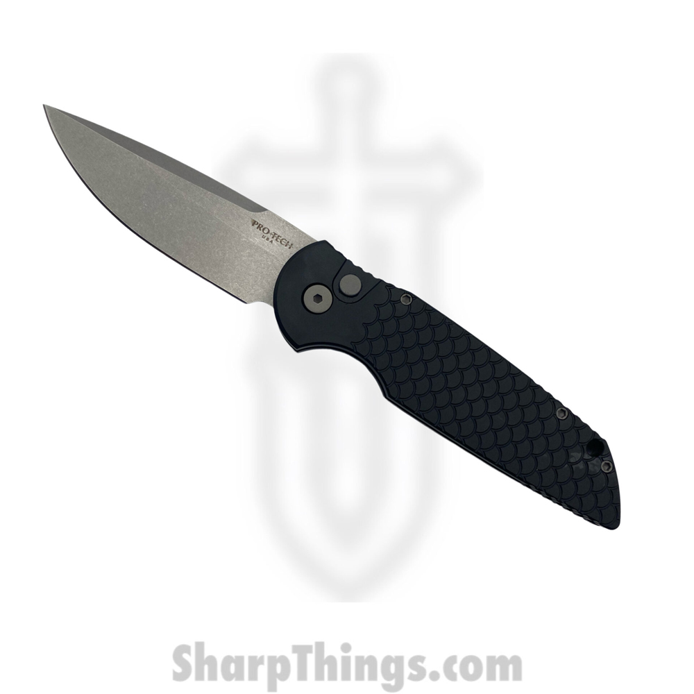 TR-3 X1 SW_1 ProTech - TR-3 X1 SW - Tactical Response 3 - Automatic Knife - 154CM Stonewash Drop Point - T6-6061 Aluminum Fish Scale - Black - Image 1