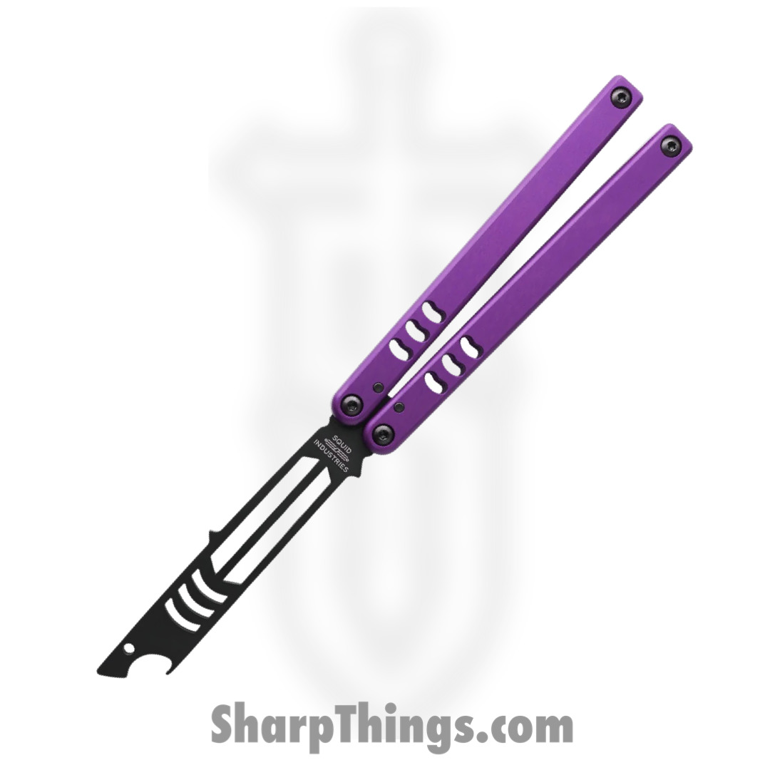 04TR04CK01PU_1.jpg Squid Industries - 04TR04CK01PU - Mako V4.5 Inked Bottle Opener Balisong Trainer - 304 Stainless 6061-T6 - Purple and Black - Image 1