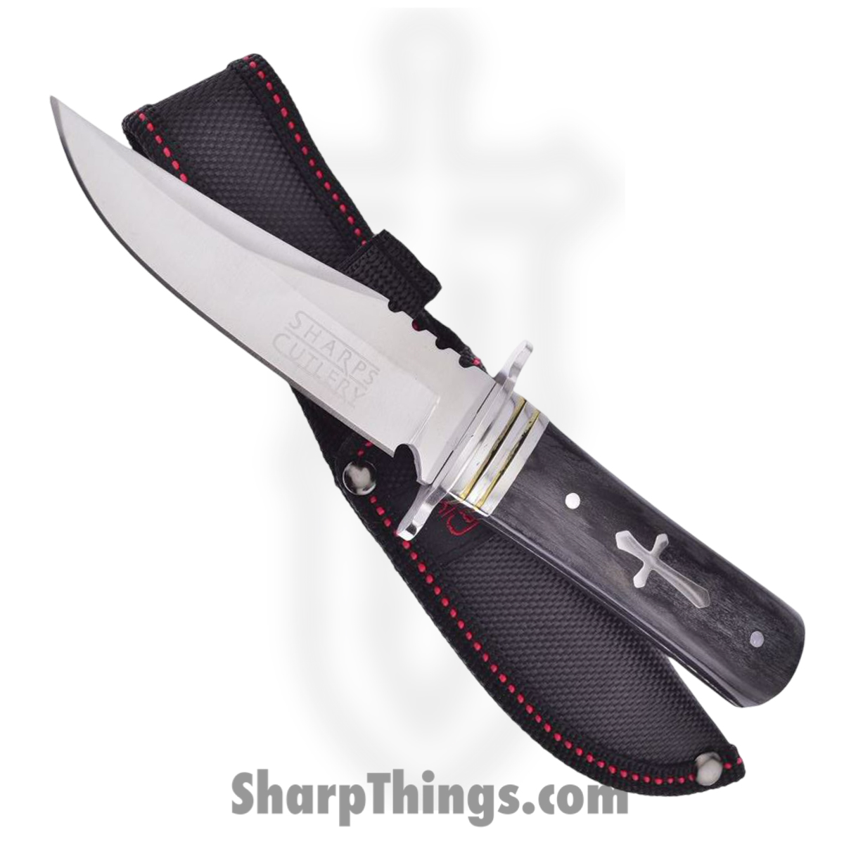 FSHP009_1 Frost Cutlery - FSHP009 - Sharps Cross - Fixed Blade Knife - Stainless Satin Bowie - Pakkawood - Black - Image 1