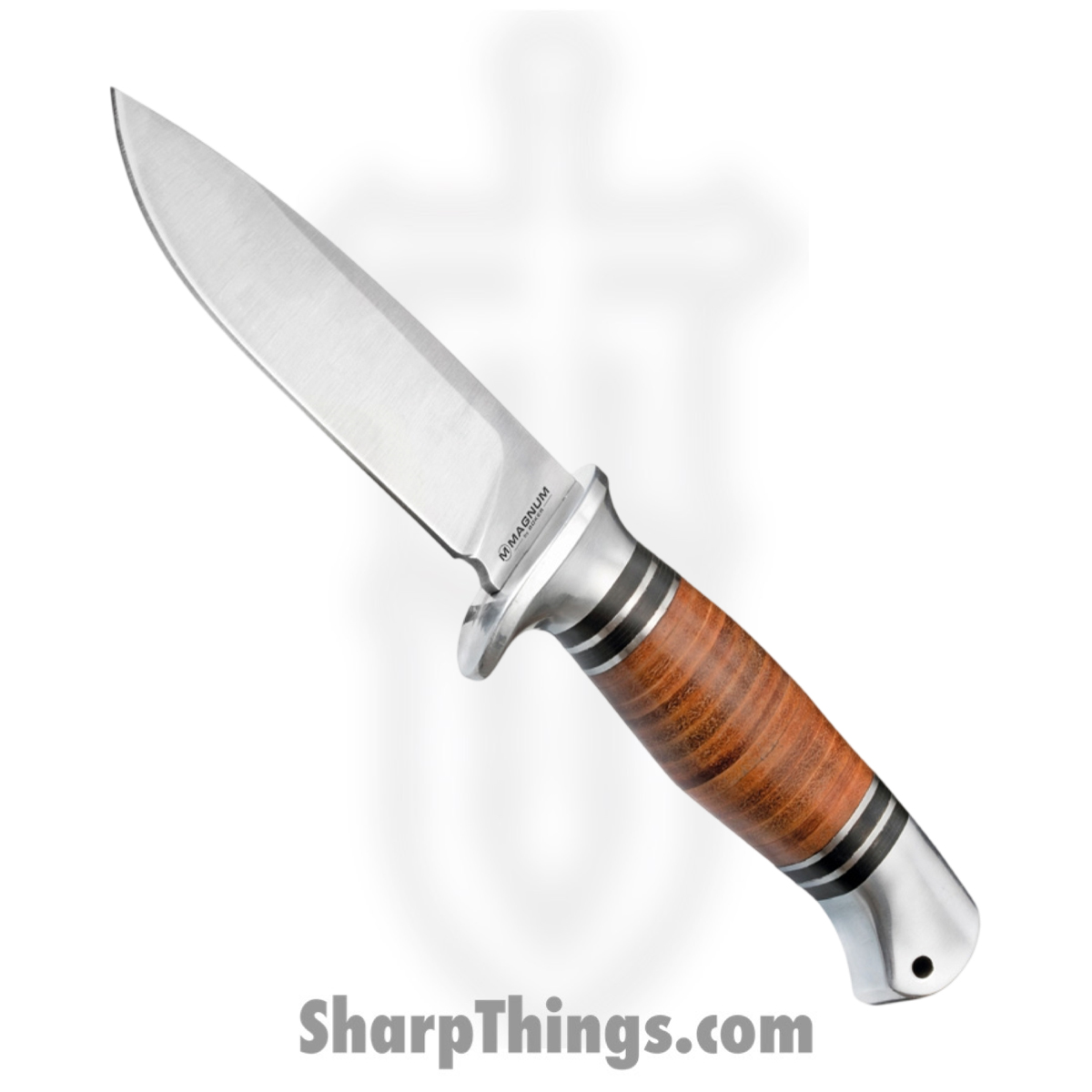 BOM02MB726_1 Boker Magnum - BOM02MB726 - Leatherneck Hunter - Fixed Blade Knife - 440A SS Satin Drop Point - Stacked Leather - Brown - Image 1