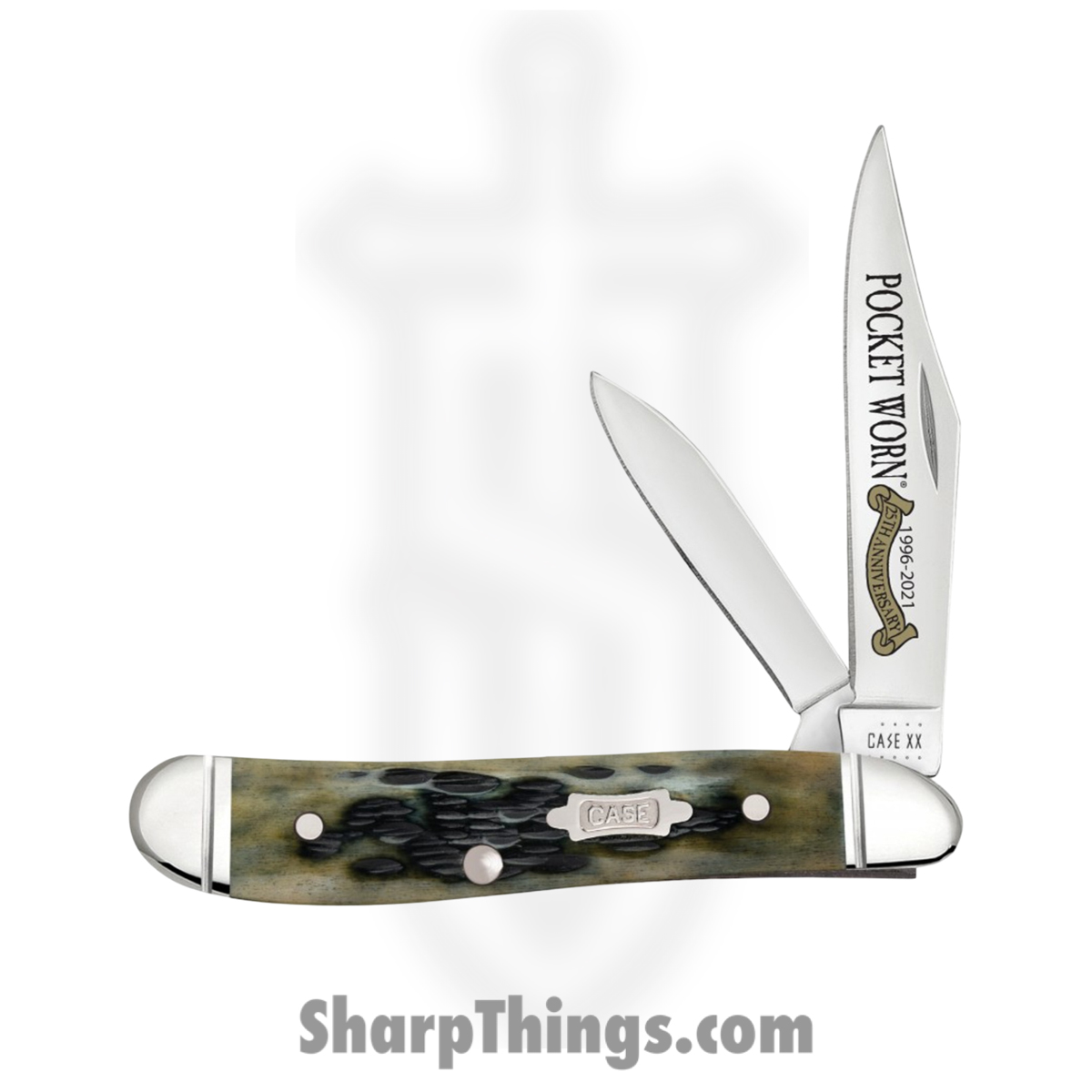 CA38196_1 Case Cutlery - CA38196 - 25th Anniversary Peanut - Folding Knife - Tru-Sharp Stainless Polished Spear, Pen - Peach Seed Jigged Bone - Olive - Image 1
