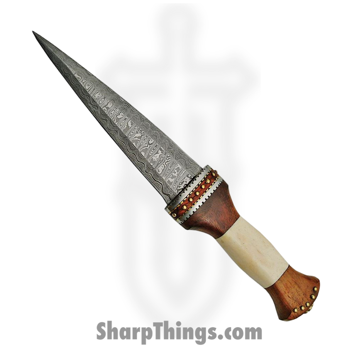 DM1114_1 Damascus - DM1114 - Dirk Bone - Fixed Blade Knife - Damascus Dagger - Rosewood Bone - Brown White - Image 1