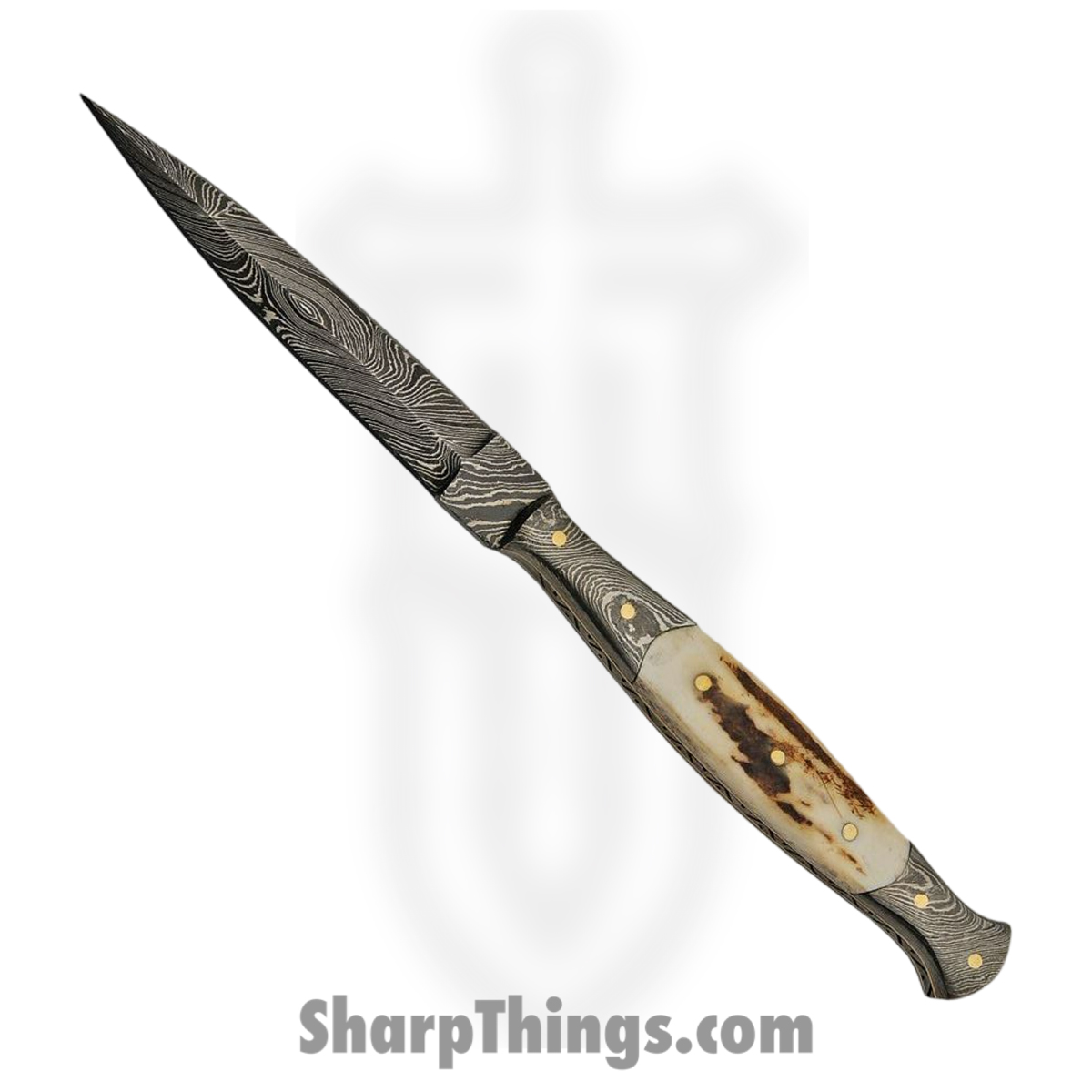 DM1178_1 Damascus - DM1178 - Slim - Fixed Blade Knife - Damascus Dagger - Stag Bone - Brown White - Image 1