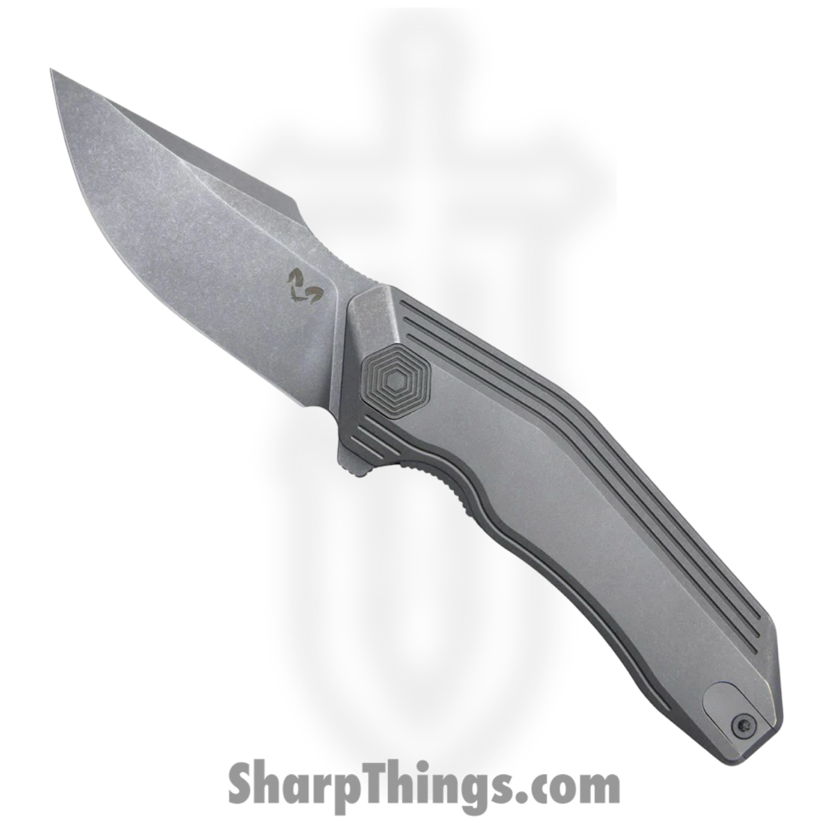 DMN001TSW_1 Damned Designs - DMN001TSW - Basilisk - Folding Knife - 14C28N Stonewash Drop Point - Titanium - Grey - Image 1