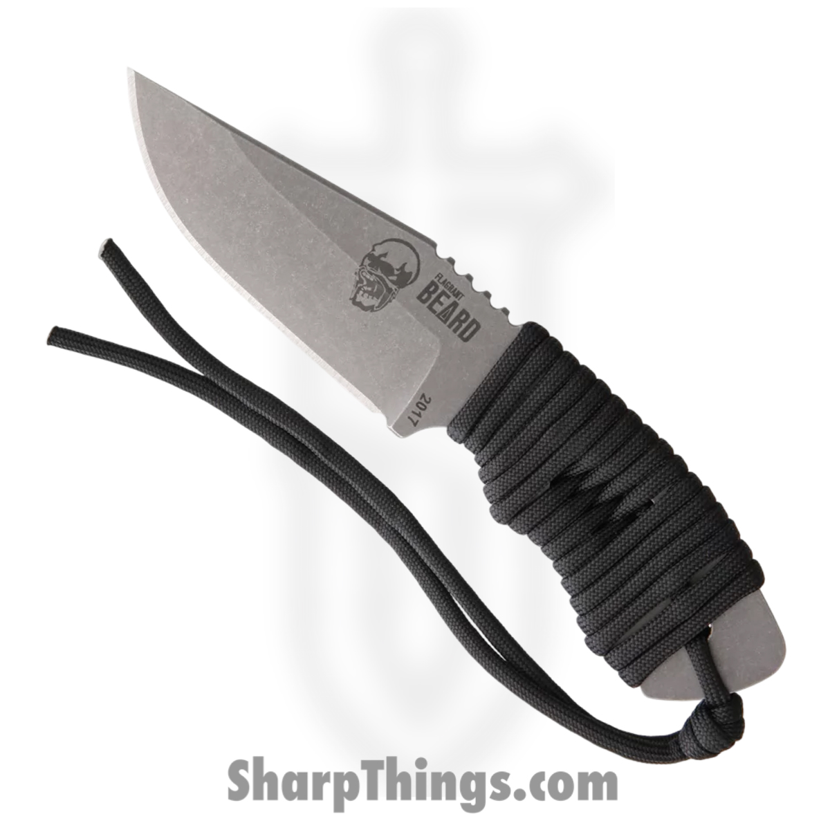 FB02B_1 Flagrant Beard - FB02B - Paracord Wrapped - Fixed Blade Knife - 1095 HC Tumbled Clip Point - Black - Image 1