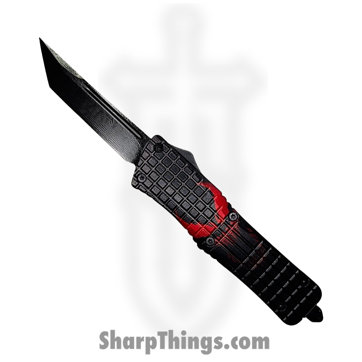 OTF396_1 VOC - OTF396 - Large Evil - OTF Auto - Damascus Coated Tanto - Aluminum - Black/Red - Image 1