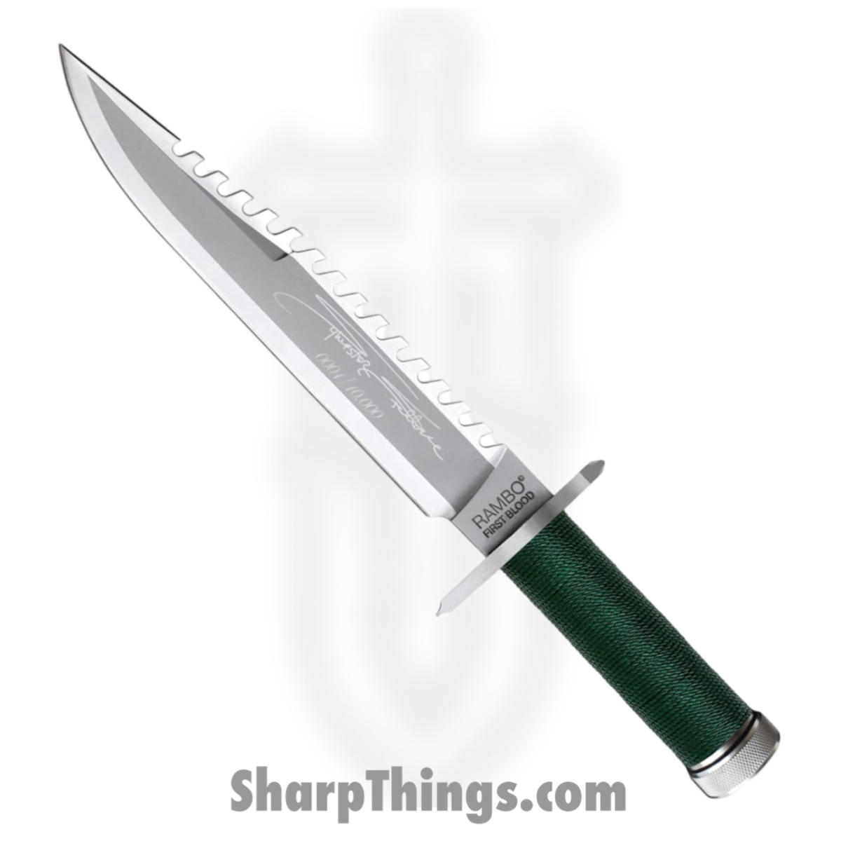 RB9293_1 Rambo - RB9293 - First Blood Stallone Signature - Fixed Blade Knife - Stainless Satin Sawback - Cord Wrapped - OD Green - Image 1
