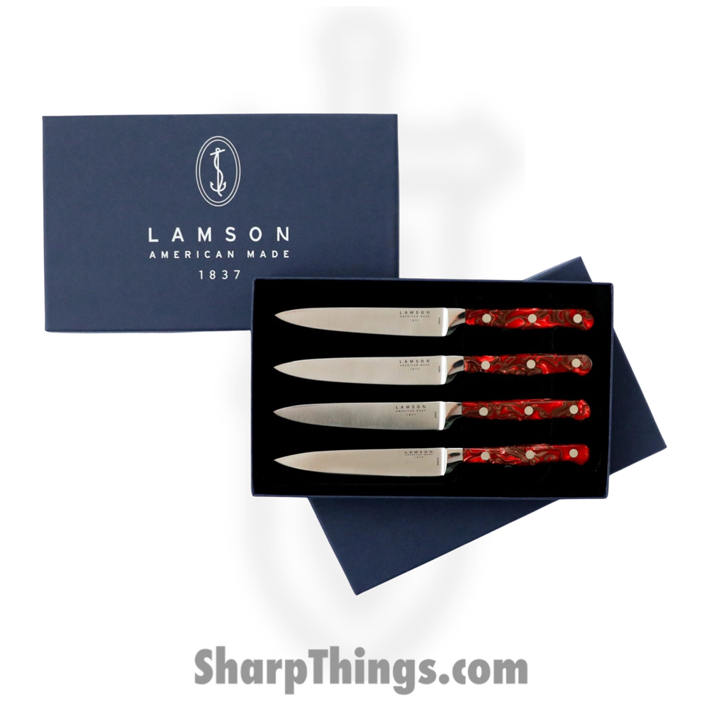 0006775a-5370-4897-a49c-1735481fdf58_59992_1.jpg Lamson - 59992 - 4-Piece 5″ Premier Forged Fine Edge Steak Knives Set - 4116 Polished - Acrylic - Fire - Image 1