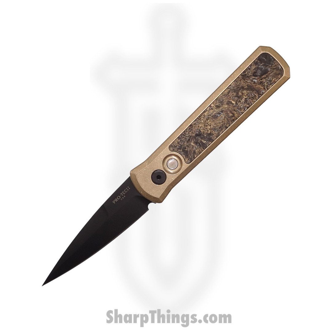 0197b058-7b2b-46af-855c-84ea0624d8f0_2023-Godson.002_1.jpg ProTech - 2023 Godson.002 - Godson Custom - Automatic Knife - 154CM DLC - AL Bronze Dark Matter Gold FatCarbon Inlay - Black Pearl Button - Image 1