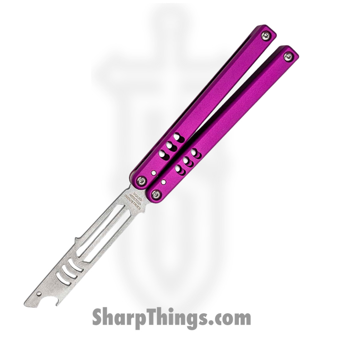 029d0aa1-4595-4ae5-b3ef-6016e6f23e08_04TR04SW01PU_1.jpg Squid Industries - 04TR04SW01PU - Mako V4.5 Bottle Opener Balisong Trainer - 304 Stainless 6061-T6 - Purple - Image 1