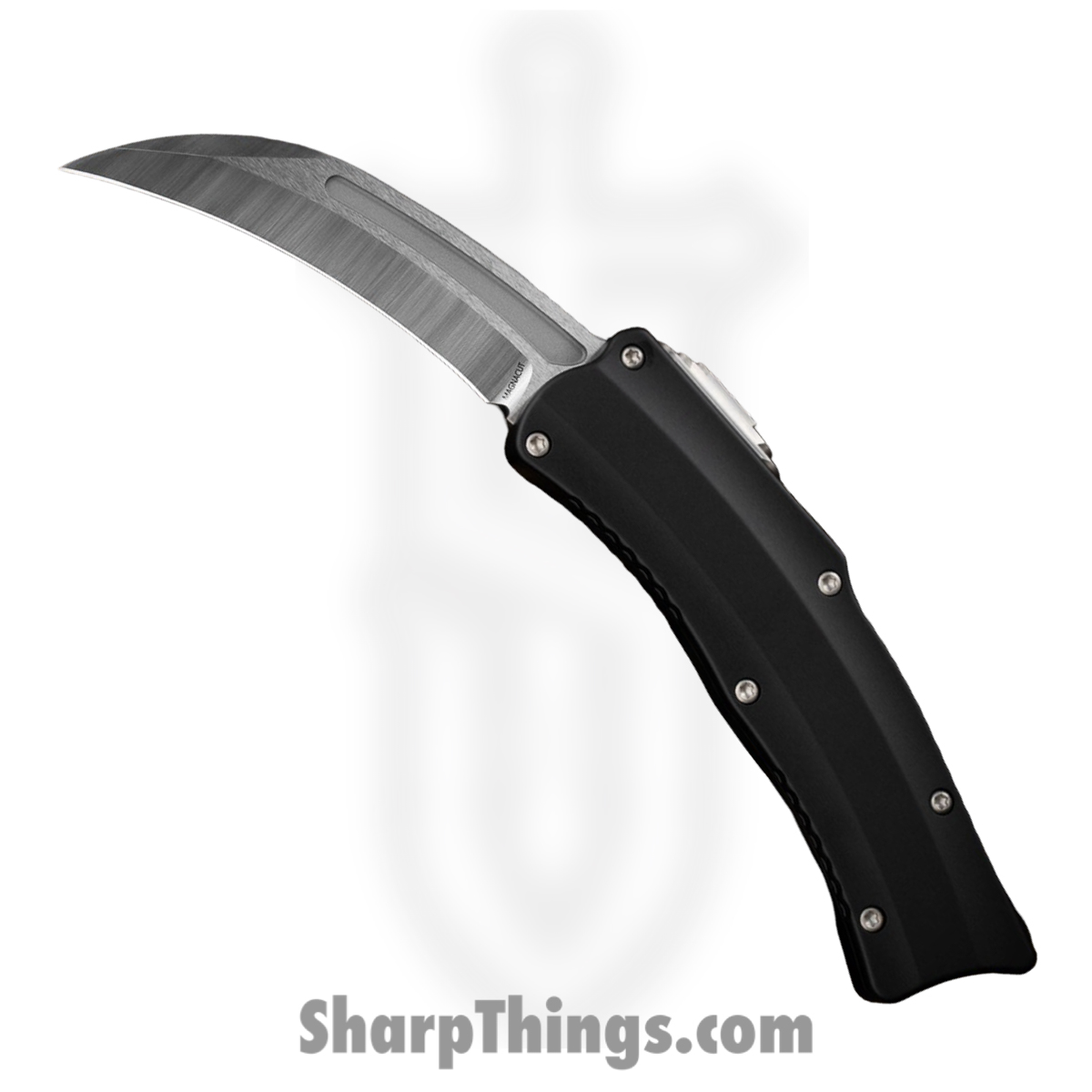 039cebee-8e57-4eef-bde0-2494d2208037_H060-1A_1.jpg Heretic Knives - H060-1A - Roc - OTF Auto - Magnacut Satin Hawkbill - 6061-T6 Aluminum - Black - Image 1