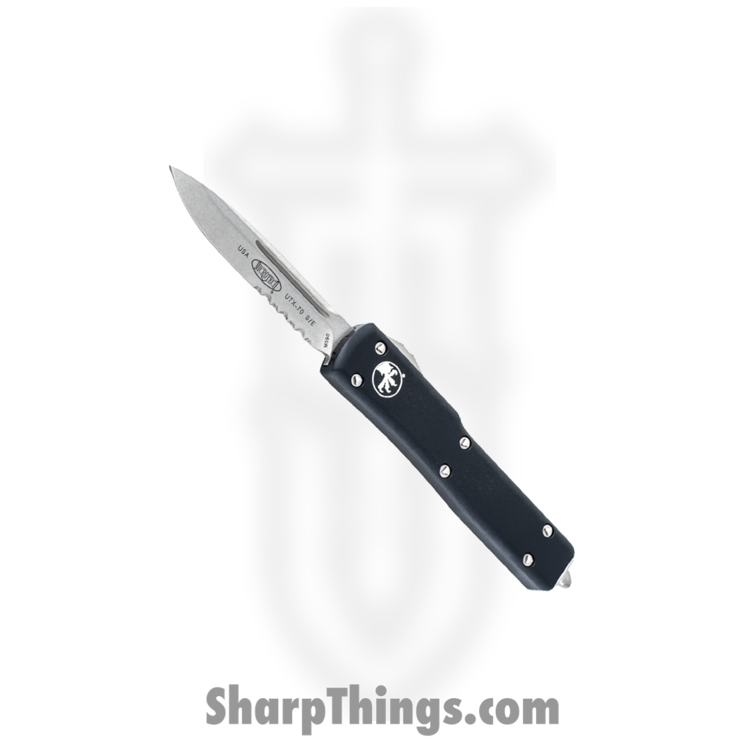 03c7fa7b-fead-47b0-b070-ef946334c10c_148-11_1.png Microtech - 148-11 - UTX-70 - OTF Auto - Elmax, M390, 204P Stonewash Drop Point - 6061-T6 Aluminum - Black - Image 1