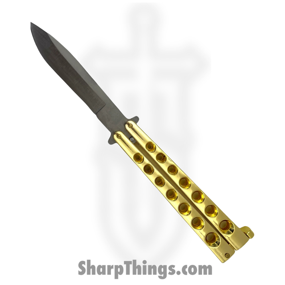 040aec92-46e4-4c71-8208-4eea7981cfd4_P-715-C_1.jpg PTC - P-715-C - Butterfly - Balisong - 1065 Surgical Steel Coated Drop Point - Stainless - Gold - Image 1