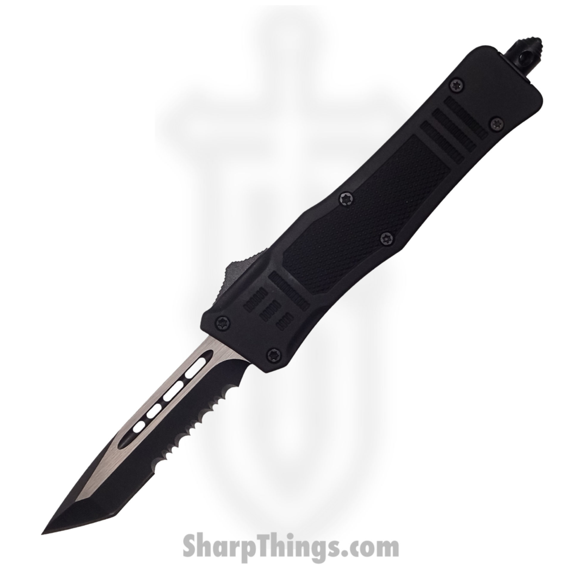 05b7b3b4-a500-4db0-92ad-dc9a923db7e5_SB616TSBK_1.jpg Steel River Knives - SB616TSBK - Midway II OTF Auto - 440 2 Tone Tanto Serrated - Black - Image 1