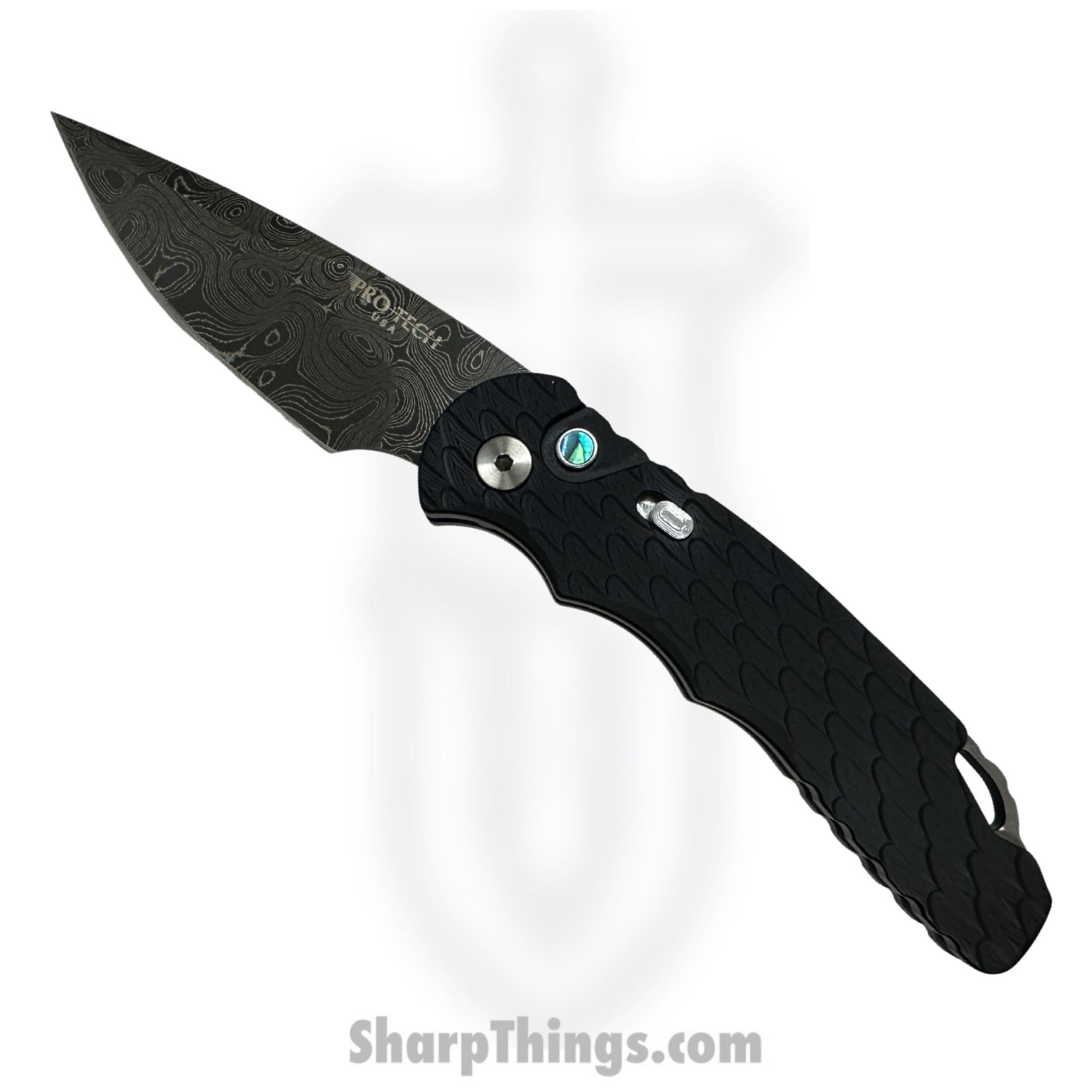 05c7a294-416a-4134-977e-4e6f7ad64c63_T530-DAMA_12.jpg ProTech - T530-DAMA - Tactical Response 5 - Automatic Knife - Damascus Damascus Clip Point - Aluminum - Black - Image 1