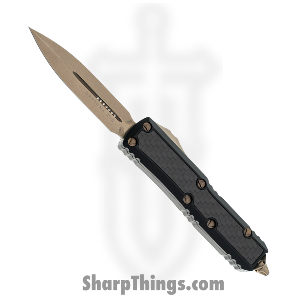 0669831a-c9ea-4ff3-84dc-3807f3514683_126-13CFIS_1.jpg Microtech - 126-13CFIS - Daytona - OTF Auto - Elmax, M390, 204P Bronze Stonewash Dagger - 6061-T6 Aluminum/CF Inlay - Black - Image 1