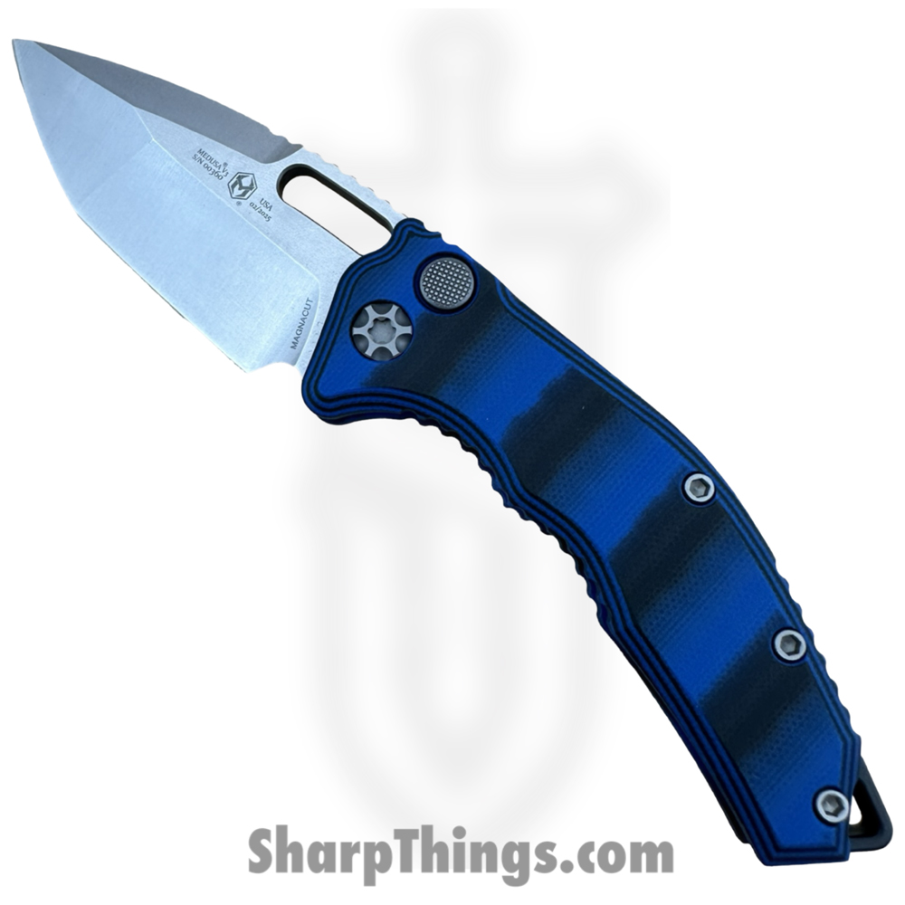 0724b8c4-63fa-4b19-b6af-8d19add03b96_H011-2A-G10BLU_1.jpg Heretic Knives - H011-2A-G10BLU - Medusa - Automatic Knife - CPM MagnaCut Stonewash Tanto - G10 - Blue - Image 1