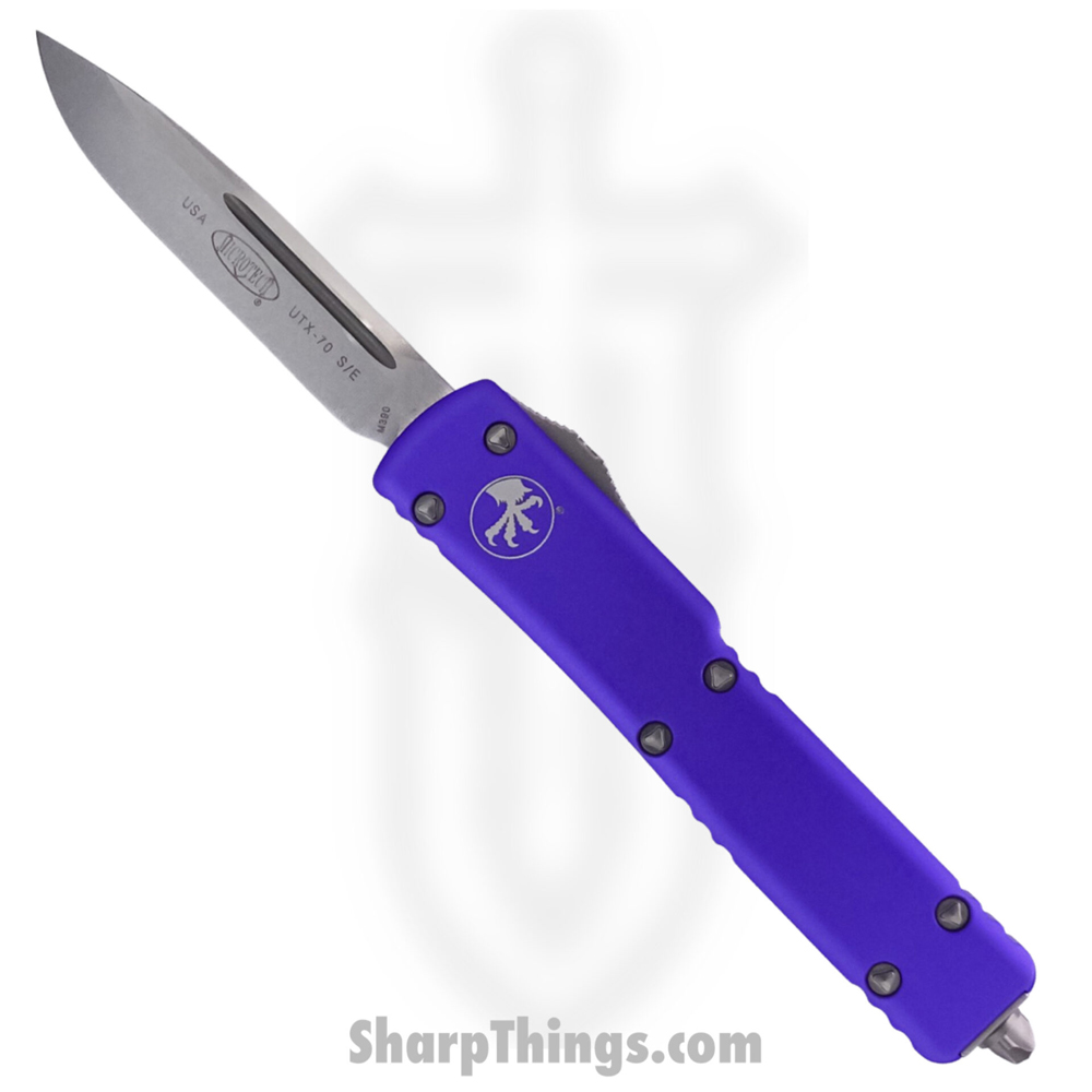 08fdcfba-49c0-4d2d-aa68-0df8cfe0a96b_148-10PU_1.jpg Microtech - 148-10PU - UTX-70 - OTF Auto - Elmax, M390, 204P Stonewash Drop Point - 6061-T6 Aluminum - Purple - Image 1