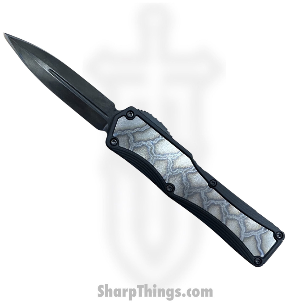 0949a36b-29af-4c55-8dfc-4bfbc83dd676_HKCCOL-23_1.jpg Heretic Knives - HKCCOL-23 - Custom Colossus - OTF Auto - Elmax Coated Dagger - Aluminum/Titanium Lightning Flamed Inlay - Black/Grey - Image 1