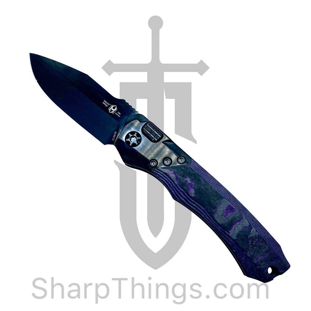 09c4be8b-6bb0-4fd0-8ca9-1da77d04c8fd_H000-6A-PUCF_1.jpg Heretic Knives - H000-6A-PUCF - Wraith - Automatic Knife - Elmax Coated Clip Point - 6061-T6 Aluminum/Fat Carbon Fiber - Black/Purple - Image 1