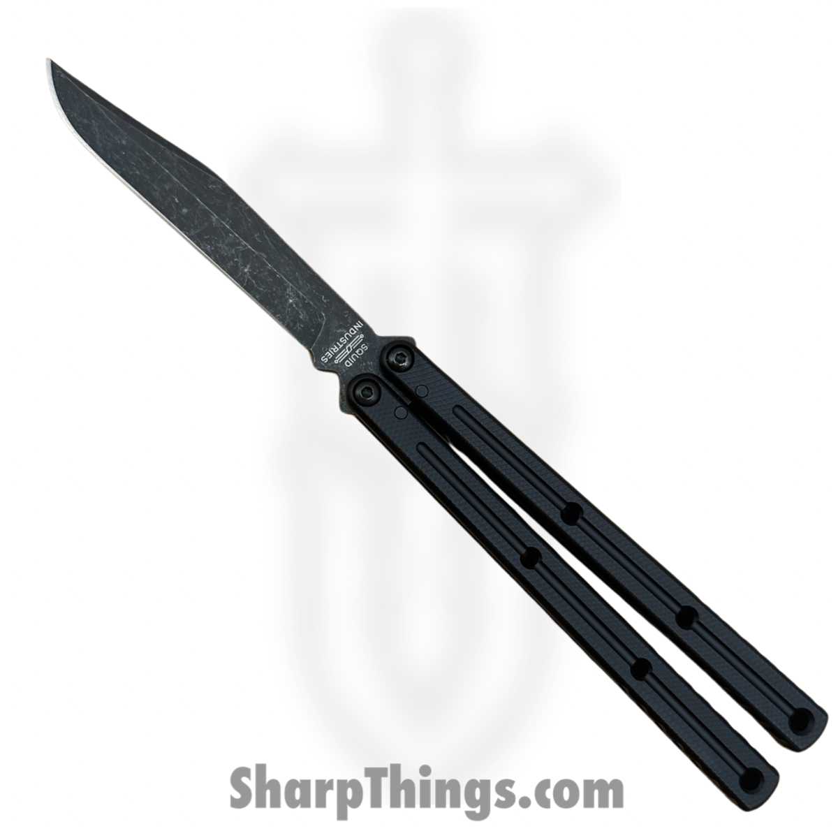 0a772a2b-cbe5-40d5-8329-cd153c148fda_KR3-B-BST-24_1.jpg Squid Industries - KR3-B-BST-24 - Krake Raken - Balisong - AEB-L Acid Wash Bowie - 7075 Aluminum - Black - Image 1