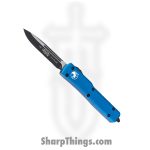 Microtech - 148-1BL - UTX-70 - OTF Auto - Elmax, M390, 204P Two Tone Drop Point - 6061-T6 Aluminum - Blue