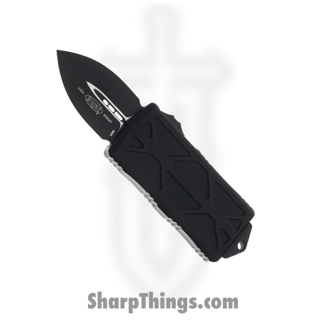 0f53250b-faf1-450c-9794-91d629217ded_157-1T_1.jpg Microtech - 157-1T - Exocet Tactical Money Clip - OTF Auto - Elmax, M390, 204P Coated Dagger - 6061-T6 Aluminum - Black - Image 1
