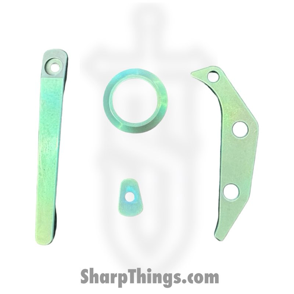 0f8edc50-726d-43f3-ba1f-e3c3793d5639_AK-TRUF-AC-SWTE_1.jpg Aurora Knife and Tool - AK-TRUF-AC-SWTE - Truffels Accent Set - Backspacer Pivot Collar Pocket Clip and Clip Filler - Titanium - Stonewashed Teal - Image 1