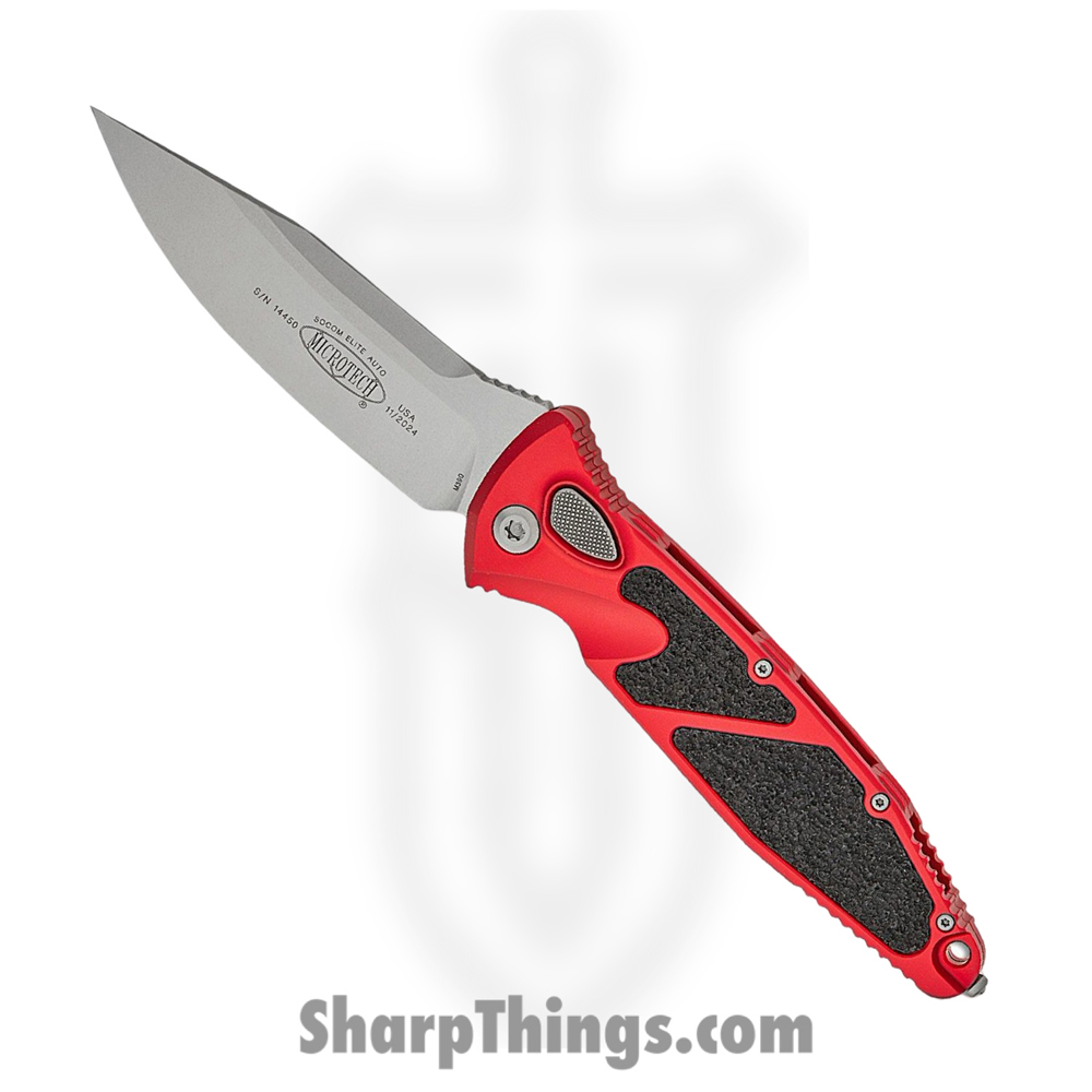 103b86af-bab3-472b-a9d5-5ec2f7b22d6e_160A-10RD_1.jpg Microtech - 160A-10RD - Socom Elite - Folding Knife - M390, 204P, Elmax, or XHP Stonewash Clip Point - Aluminum with Textured Inserts - Red - Image 1