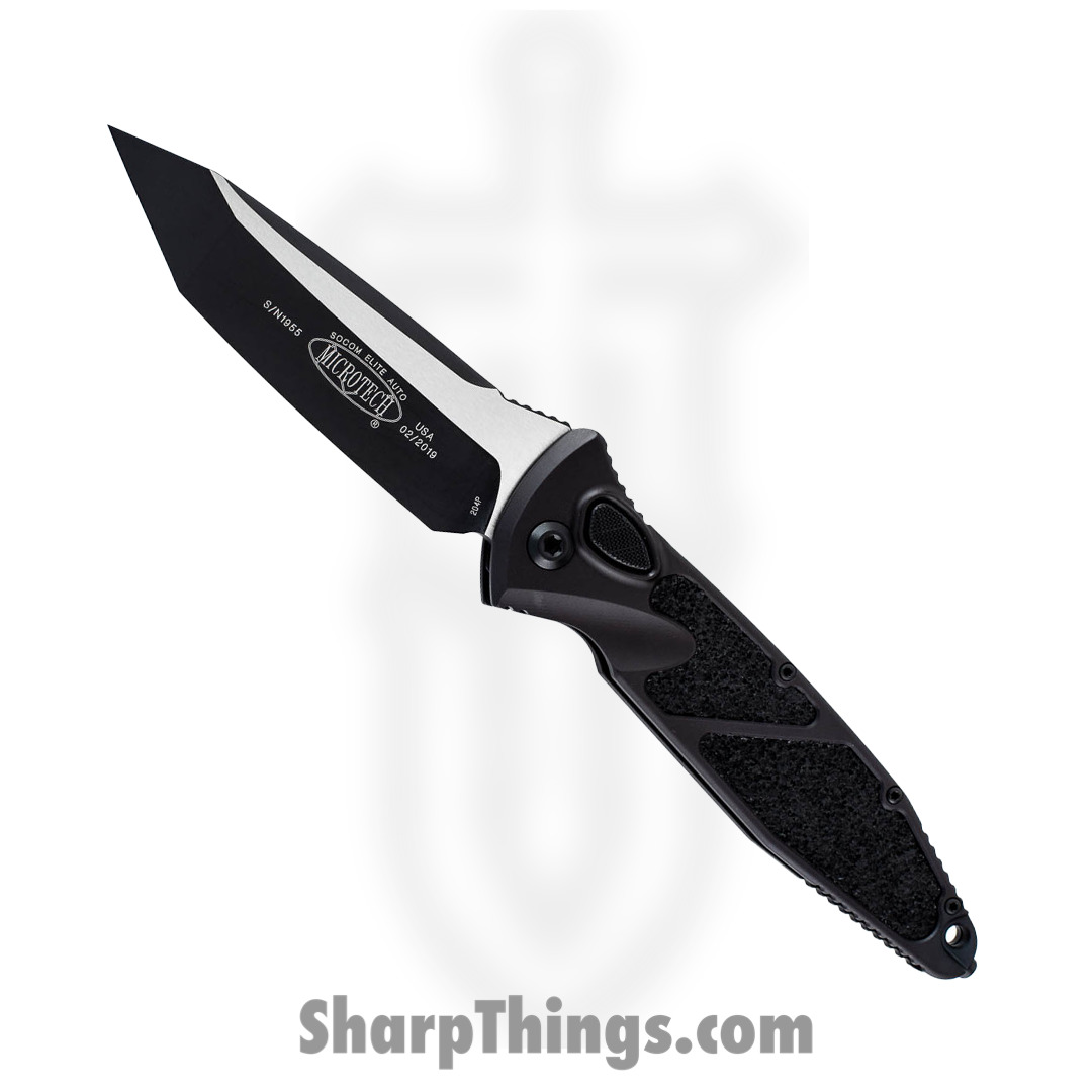 13cdeef7-c79a-4afe-b001-5e354398d59c_161A-1T_1.jpg Microtech - 161A-1T - Socom Elite - Automatic Knife - Elmax, M390, 204P Two Tone Tanto - Aluminum/Traction Inlay - Black - Image 1