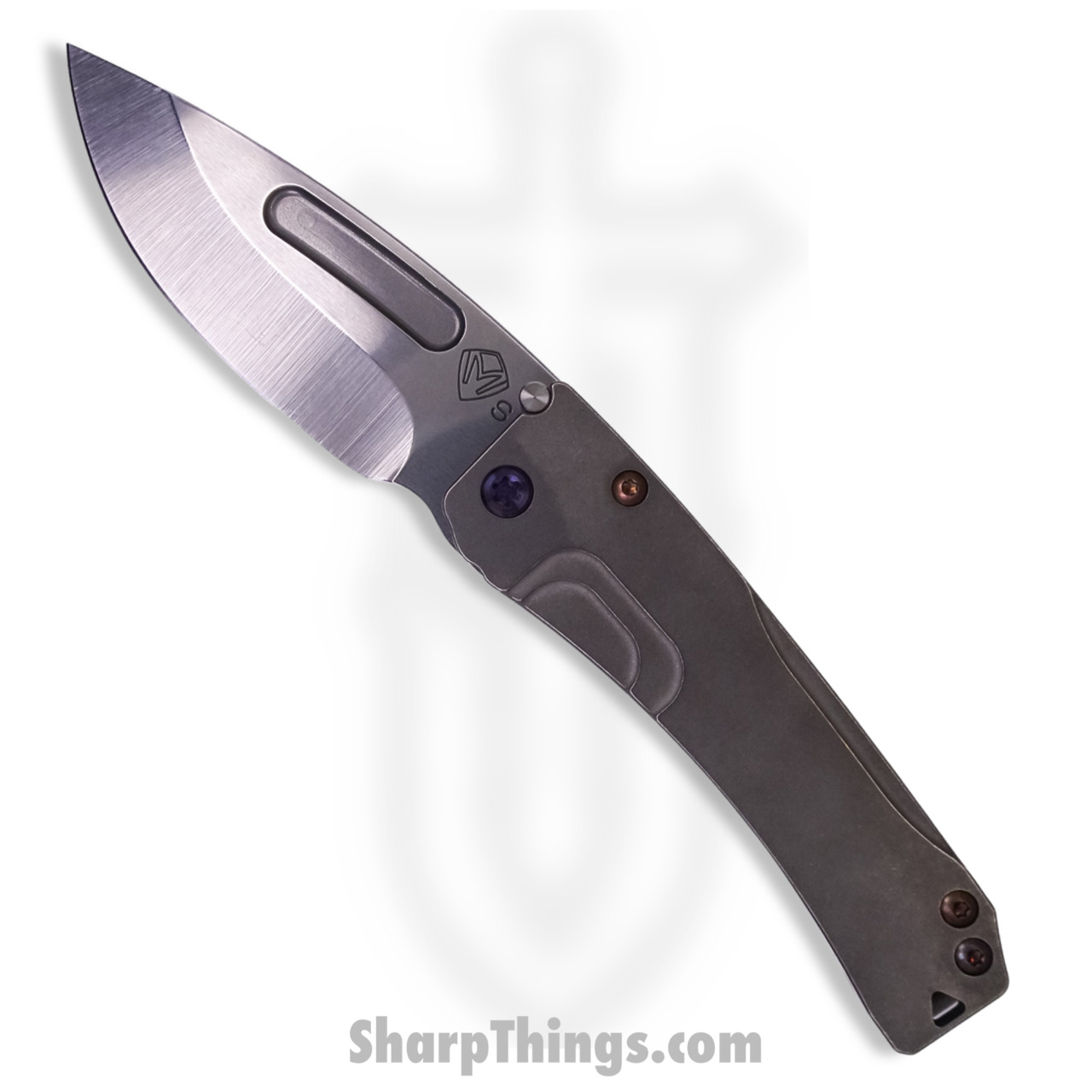149e070a-7cbc-400e-bc58-5f317a295b41_MK201STD-01TM-T3C3-Q4_1.jpg Medford Knife - MK201STD-01TM-T3C3-Q4 - Slim Midi Drop Point Folder - Tumbled S35VN - Titanium with Violet Hardware - Image 1