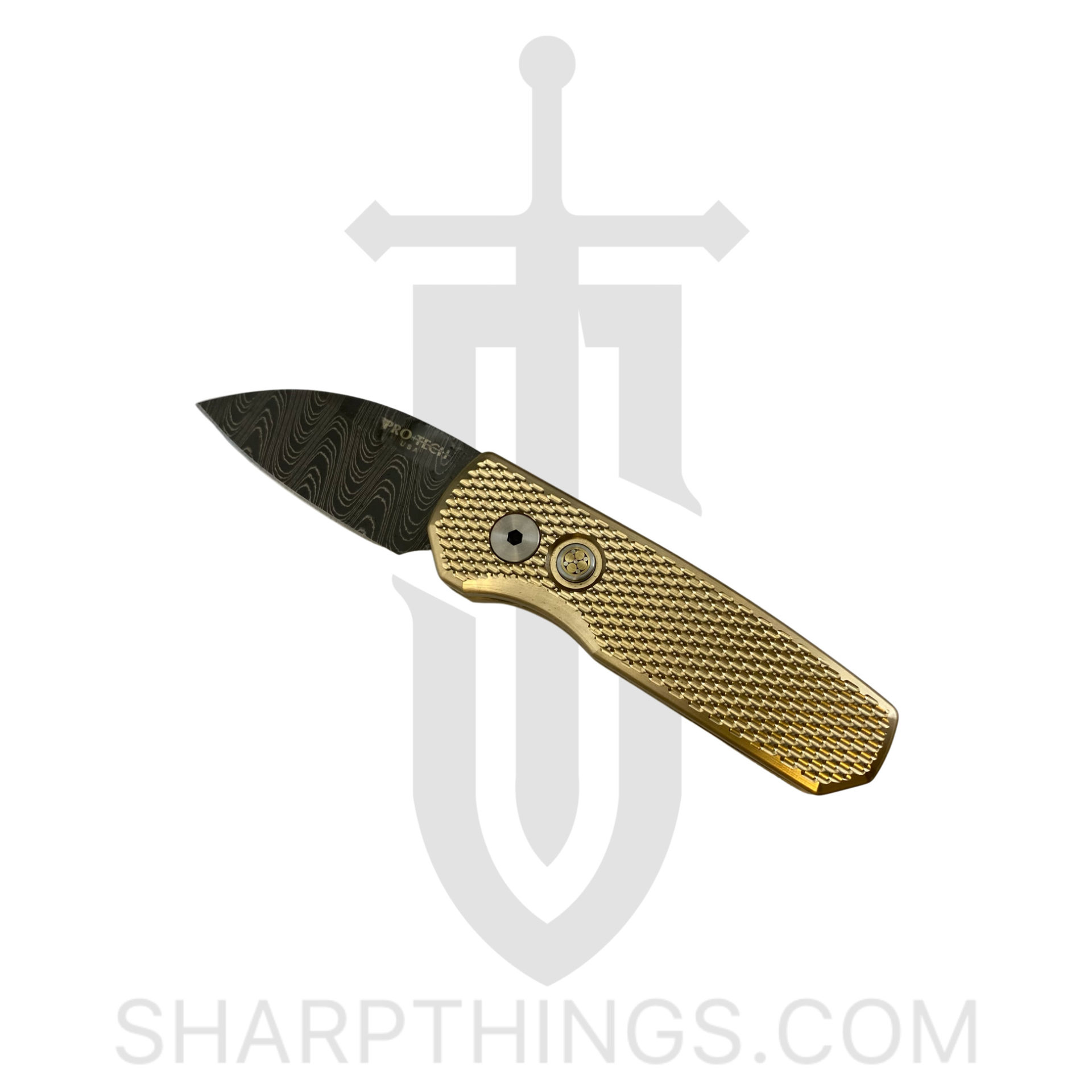 154cd1a0-3e4a-43cf-953f-178db40c1d04_R5111-D_1.jpg ProTech - R5111-D - Runt 5 BLADE SHOW 2022 - Automatic Knife - Damascus Damascus Wharncliffe - Bronze Alloy - Bronze - Image 1