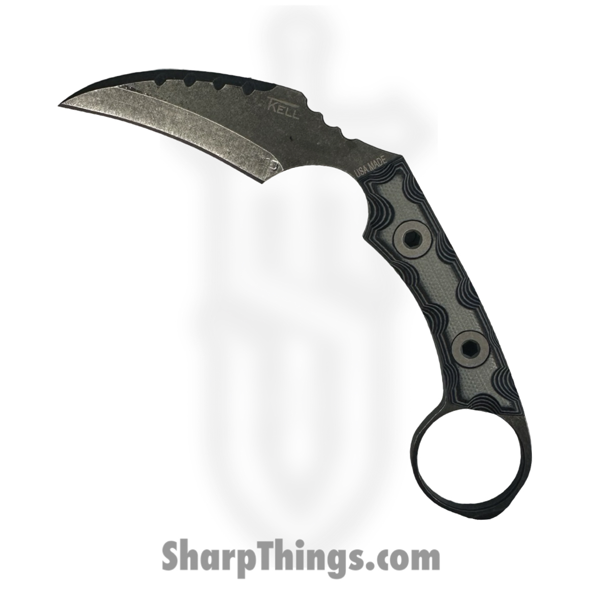 15a1019f-cfeb-4290-843d-1b78eab4c377_FLNRnGnmtl_1.jpg T.Kell Knives - FLNRnGnmtl - FLN Integral Ring Black Recon - Fixed Blade Knife - 80crv2 Coated Hawkbill - G10 - Gunmetal - Image 1