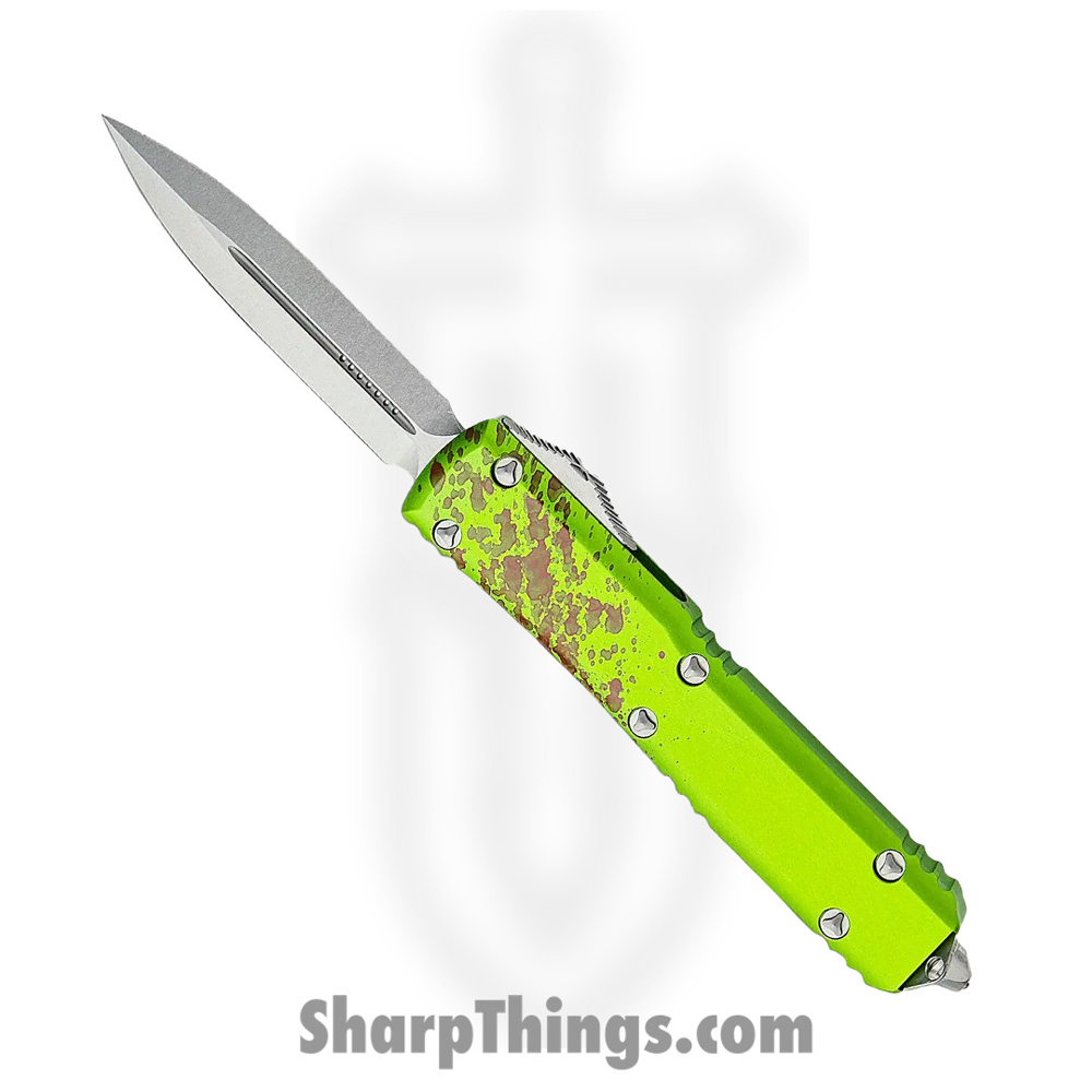 15b07460-8efe-4dca-8116-9c0ee9bb238f_122-10Z_1.jpg Microtech - 122-10Z - Ultratech Signature Series Zombie Tech - OTF Auto - Elmax, M390, 204P Stonewash Dagger - 6061-T6 Aluminum - Green/Red - Image 1