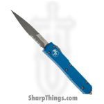 Microtech - 120-11APBL - Ultratech - OTF Auto - Elmax, M390, 204P Two Tone Bayonet - 6061-T6 Aluminum - Blue