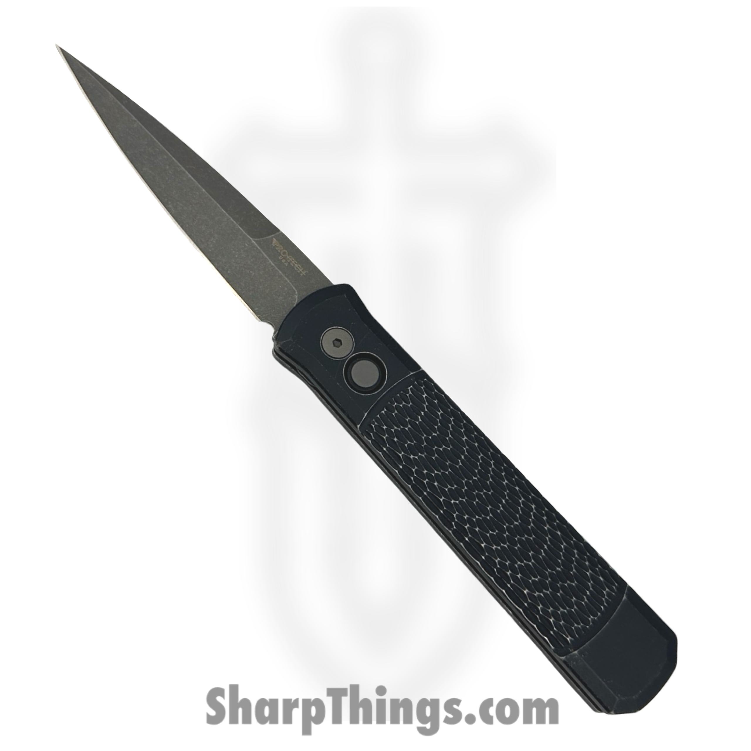 18e14a4f-b0cb-40dd-8de2-a16a524a6ff6_926-AWBW_1-scaled-1.png ProTech - 926-AWBW - Godfather - Automatic Knife - 154CM Acid Wash Spear Point - Aluminum Battleworn - Black - Image 1