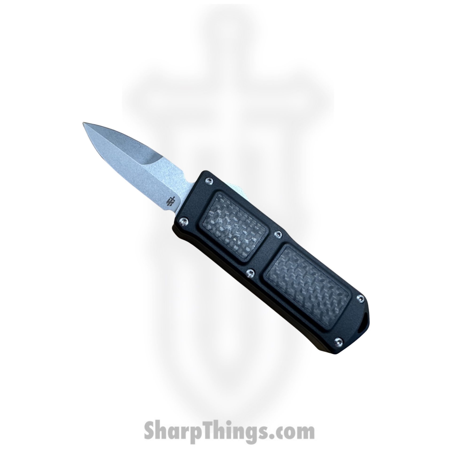 18f61ef7-1373-48a5-b8eb-c896557534b8_Stubby-DE-ST_1.jpeg TakCom - Stubby-DE-ST - Stubby - OTF Auto - 154CM Stonewash Bayonet - 6061-T6 Aluminum w CF Inlay - Black - Image 1