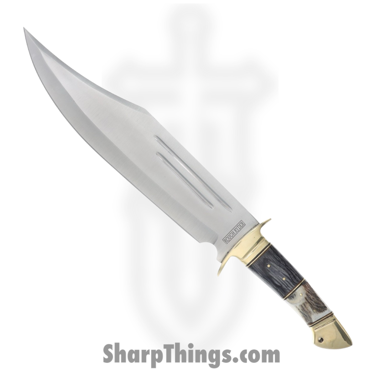 1906052f-8850-42a6-b05a-e739d3eaecd1_RR2272_1.jpg Rough Ryder - RR2272 - Bowie - Fixed Blade Knife - 420 SS Satin Bowie - Stag/Pakkawood - Black White - Image 1