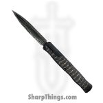 Heretic Knives - Cler2BFFCSS - Cleric II - OTF Auto - Baker Forge Damascus Double Edge - 6061-T6 Aluminum - Black Ano w/Fat Carbon Silver Snakeskin